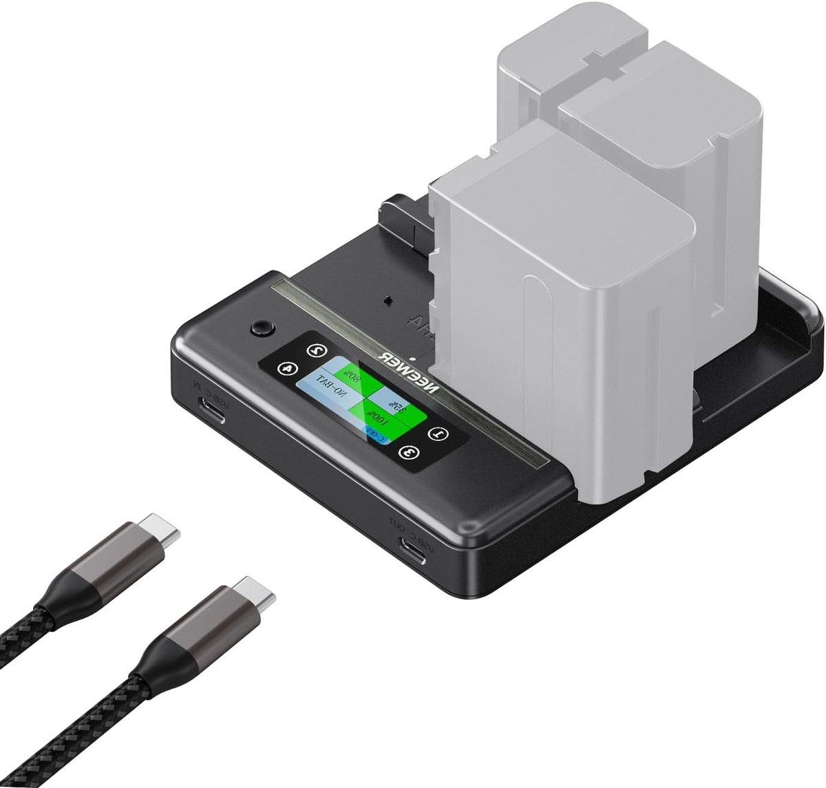 Intelligente 4-kanaals oplader voor Sony NP-F550 en NP-F750 camera accu's met USB-C en OLED-display