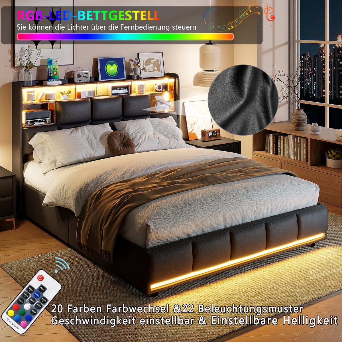 Modern Gestoffeerd Boxspring Tweepersoonsbed 160x200 cm Zwart PU – Met LED‑verlichting, Stopcontact, Lattenbodem en Hydraulische Opbergruimte, Zonder Matras