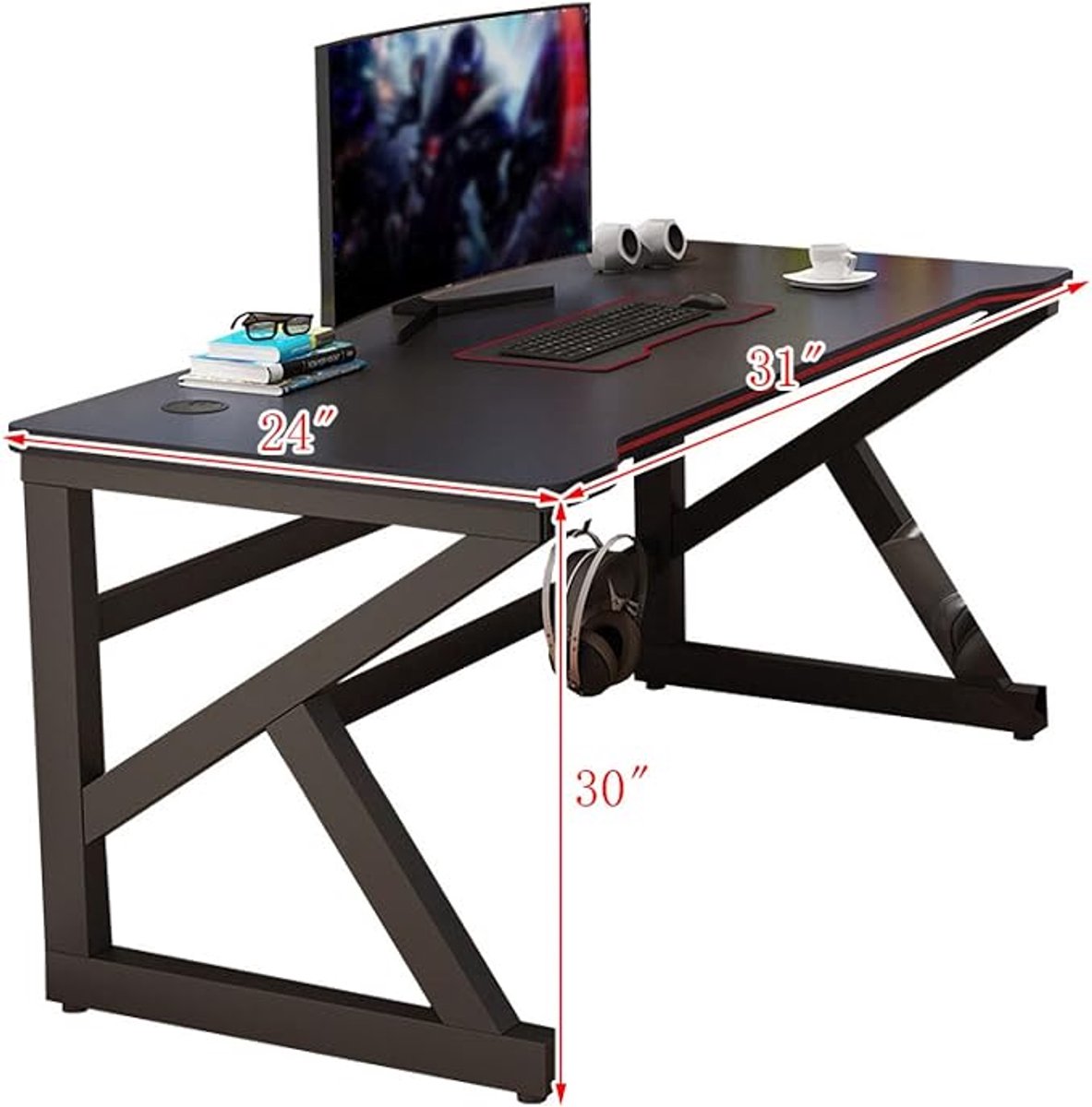 Gaming Bureau 31 inch (±80 cm) – K-vorm Computer Gaming Desk met Carbon Fiber Look, Ergonomisch, Stevig Stalen Frame, Home Office & Gaming Setup – Zwart/Wit