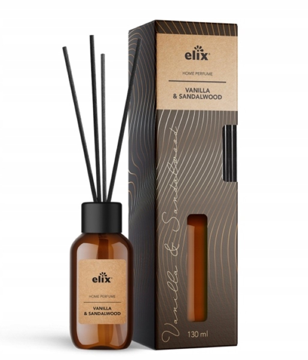 Elix - Geurstokjes Diffuser - Luchtverfrisser - Interieur Parfum - Reed Diffuser - Luxe Huisgeur 45 Dagen - Elegante Woonkamer, Slaapkamer & Kantoor Geur - 125ml - Vanilla Sandalwood