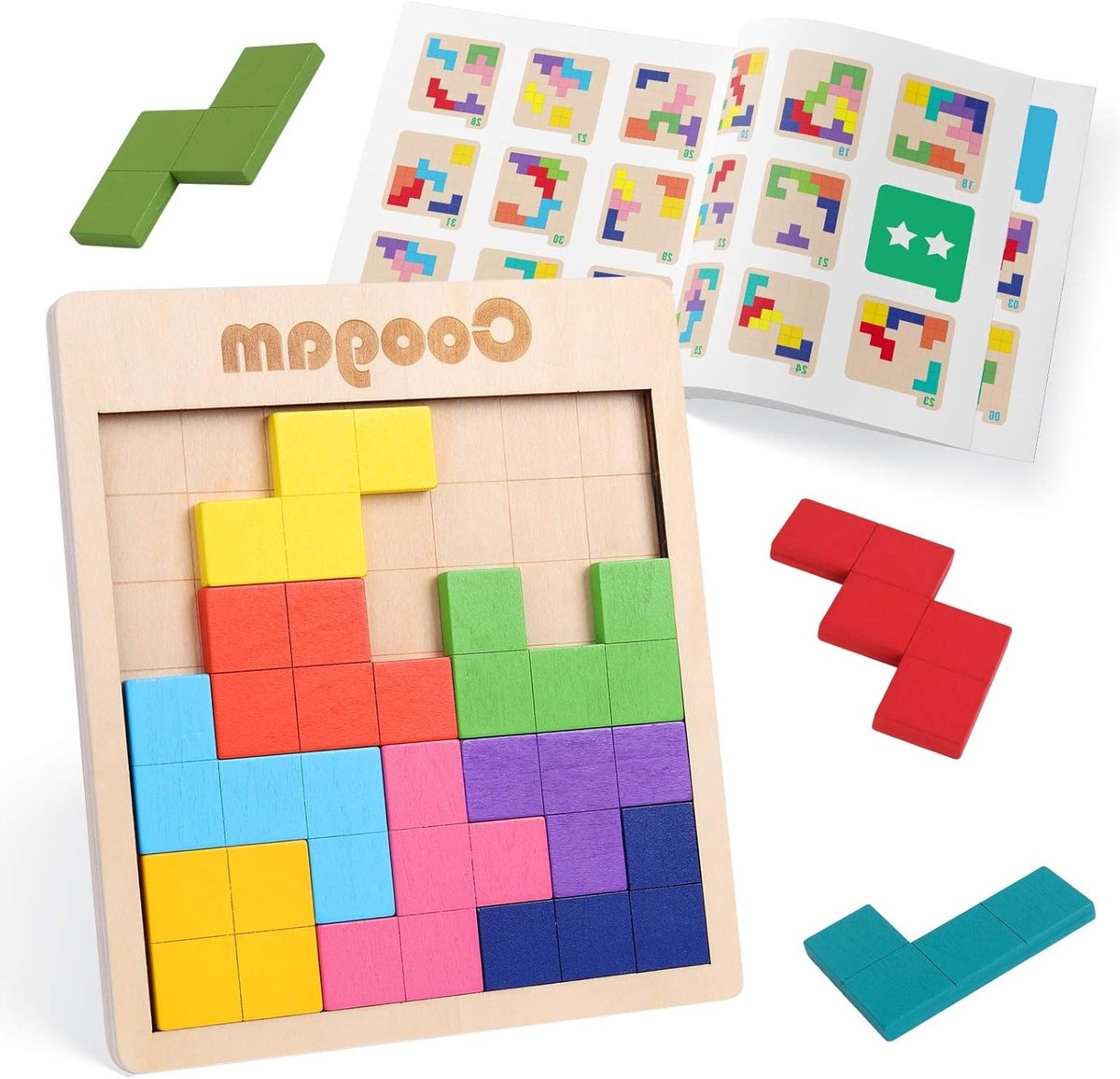 Houten Tangram Puzzel met 60 Uitdagingen, 3D Bouwspeelgoed en Montessori Educatief Spel voor Kinderen en Volwassenen