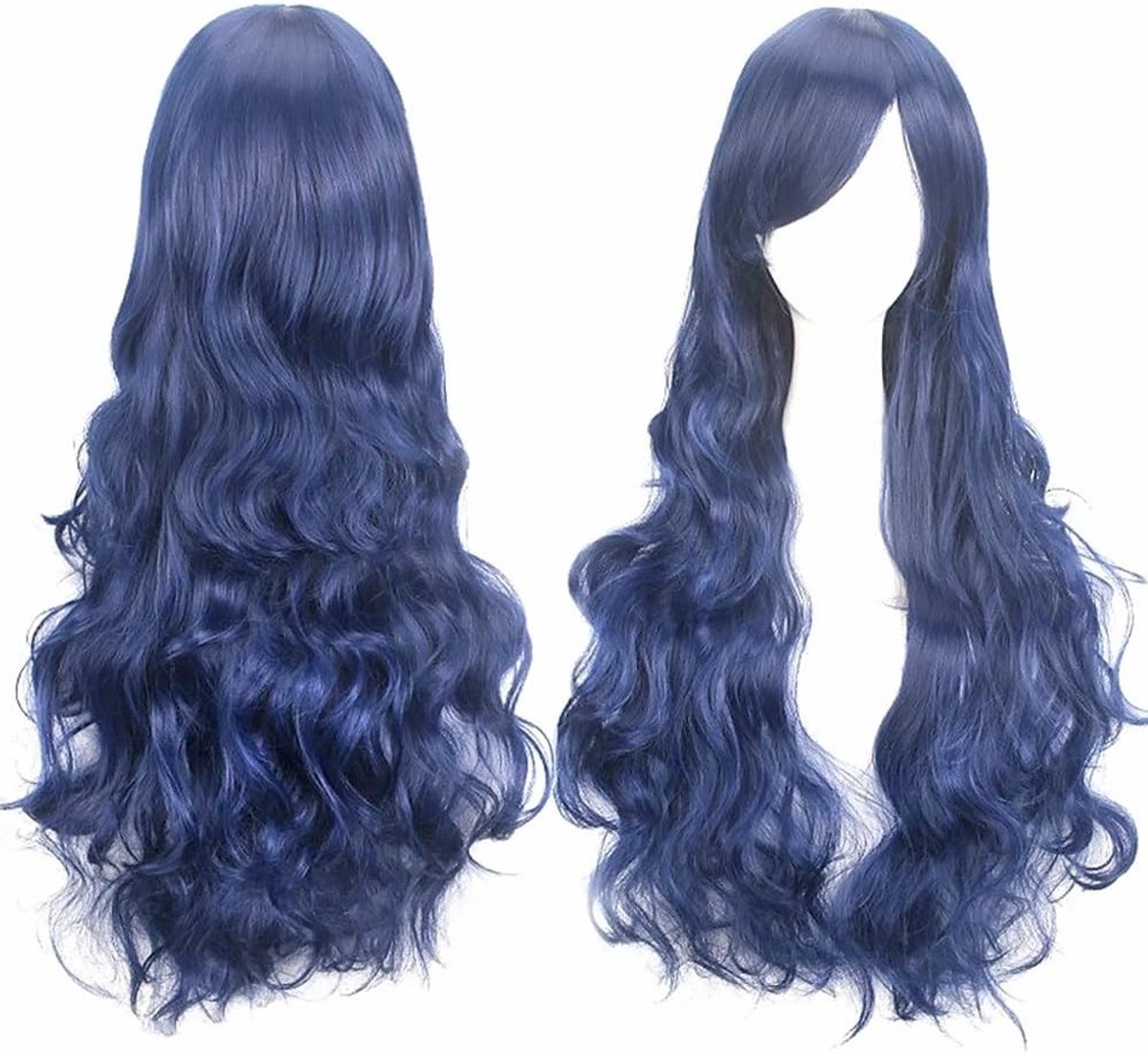 Langgolvende Cosplay Pruik voor Dames met Pony - 80 cm Donkerblauwe Krullen voor Anime, Halloween en Feestjes