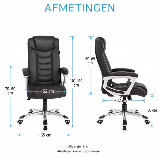 Afmetingen van een zwarte bureaustoel: hoogte 110-119 cm, breedte 65 cm, zitdiepte 52 cm.