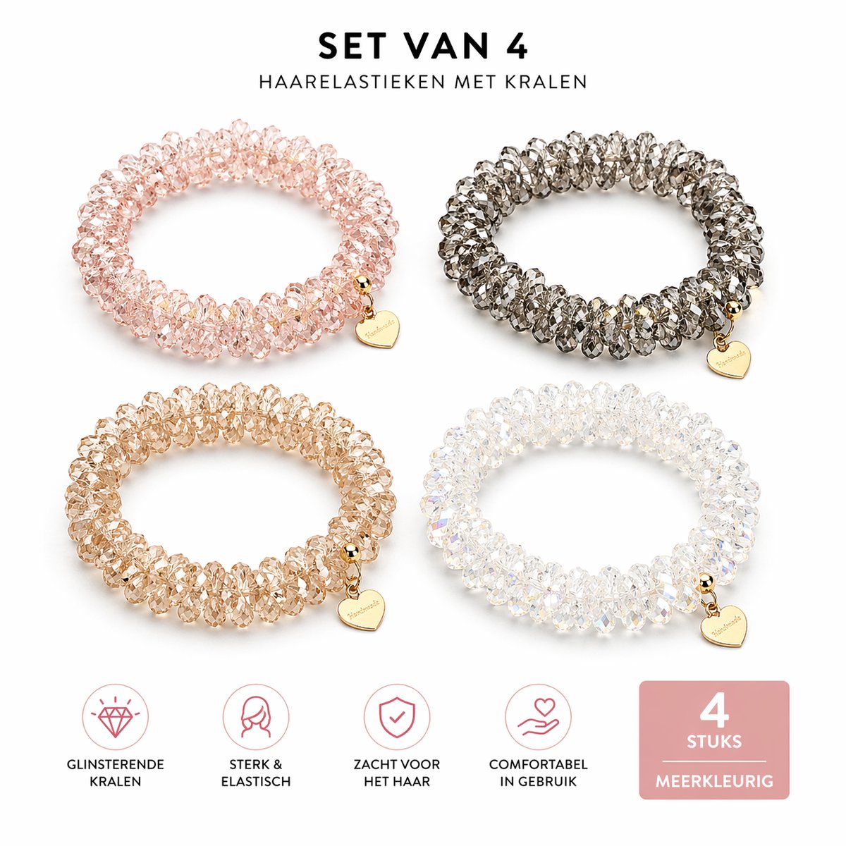 Haarelastieken met Kralen – Set van 4 – Meerkleurige Dames Haaraccessoires – Transparant, Roze, Grijs & Brui