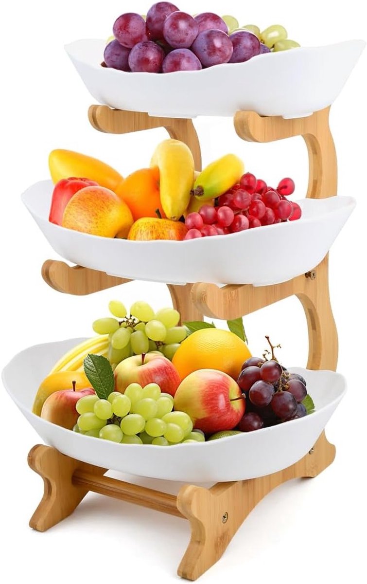 Drie-laags fruitmand van natuurlijk bamboe, moderne tafelstandaard voor fruit en groenten, perfect voor het gezin