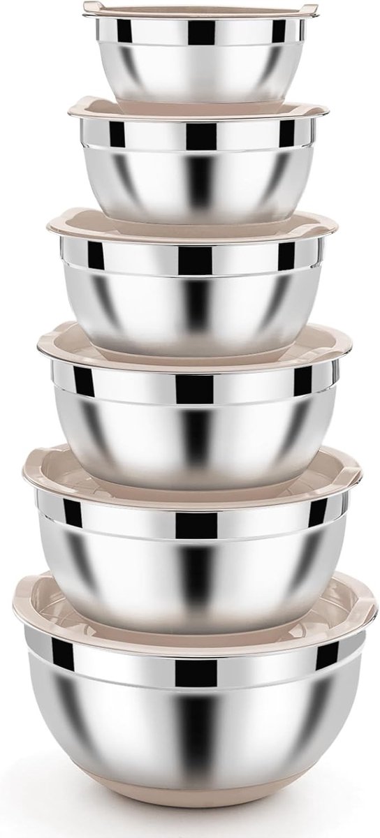 Set van 6 roestvrijstalen mengkommen met luchtdichte deksel en silicone basis, stapelbaar, ideaal voor salades en opslag, 4.6 l tot 0.7 l