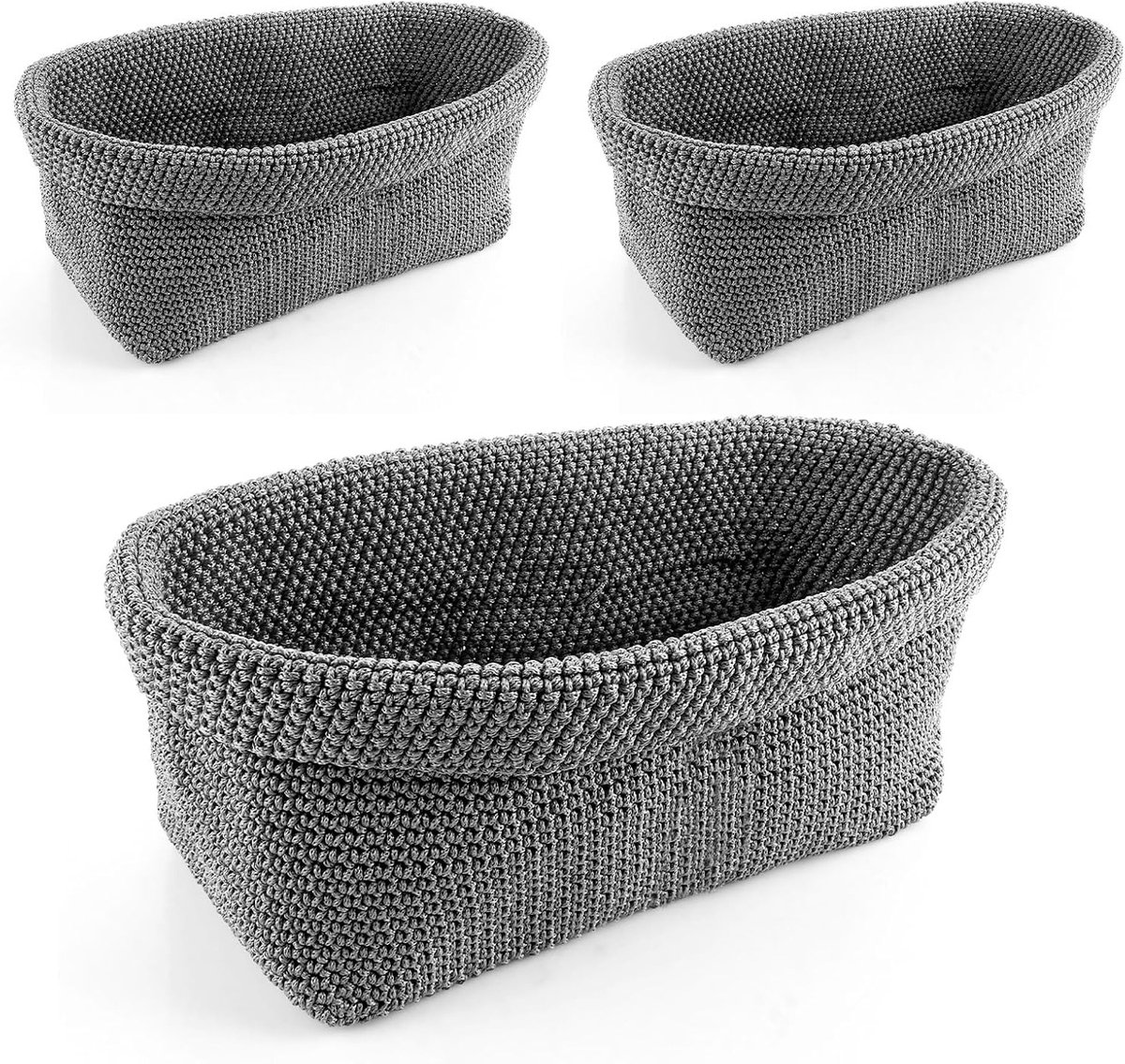 Set van 3 Grijze Badkameropbergmanden van Gehaakt Materiaal - 29 x 18,5 x 15 cm - Handige Organizers voor Handdoeken en Cosmetica, Ideaal voor Gastenkamers en Badkamers