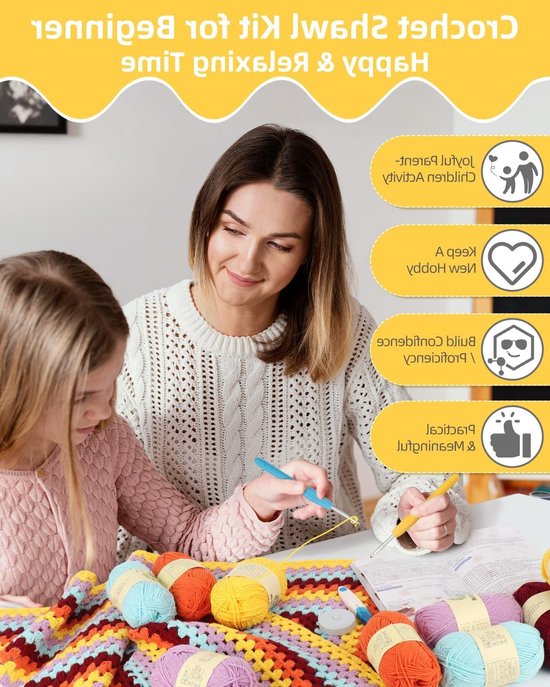 Beginner haakset voor volwassenen en kinderen, eenvoudig haakschalenset met stapsgewijze handleiding en accessoires voor het maken van een granny square sjaal van Merkloos — afbeelding 5