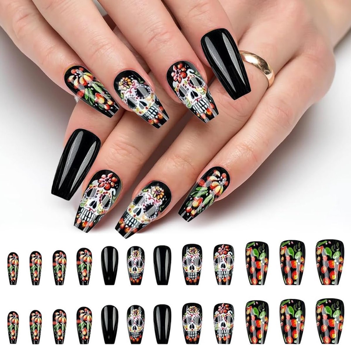 Set van 24 Nepnagels met Donker Skull Motief - Korte Nagels voor Vrouwen en Meisjes - Perfect voor Halloween, Carnaval en Cosplay
