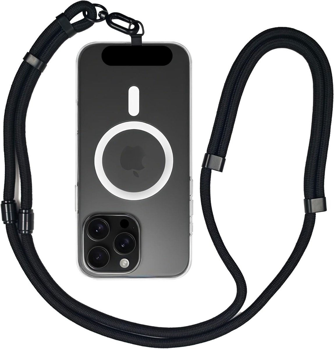 Verstelbare en verwijderbare smartphone ketting met cord, geschikt voor alle smartphones, crossbody telefoonband in zwart
