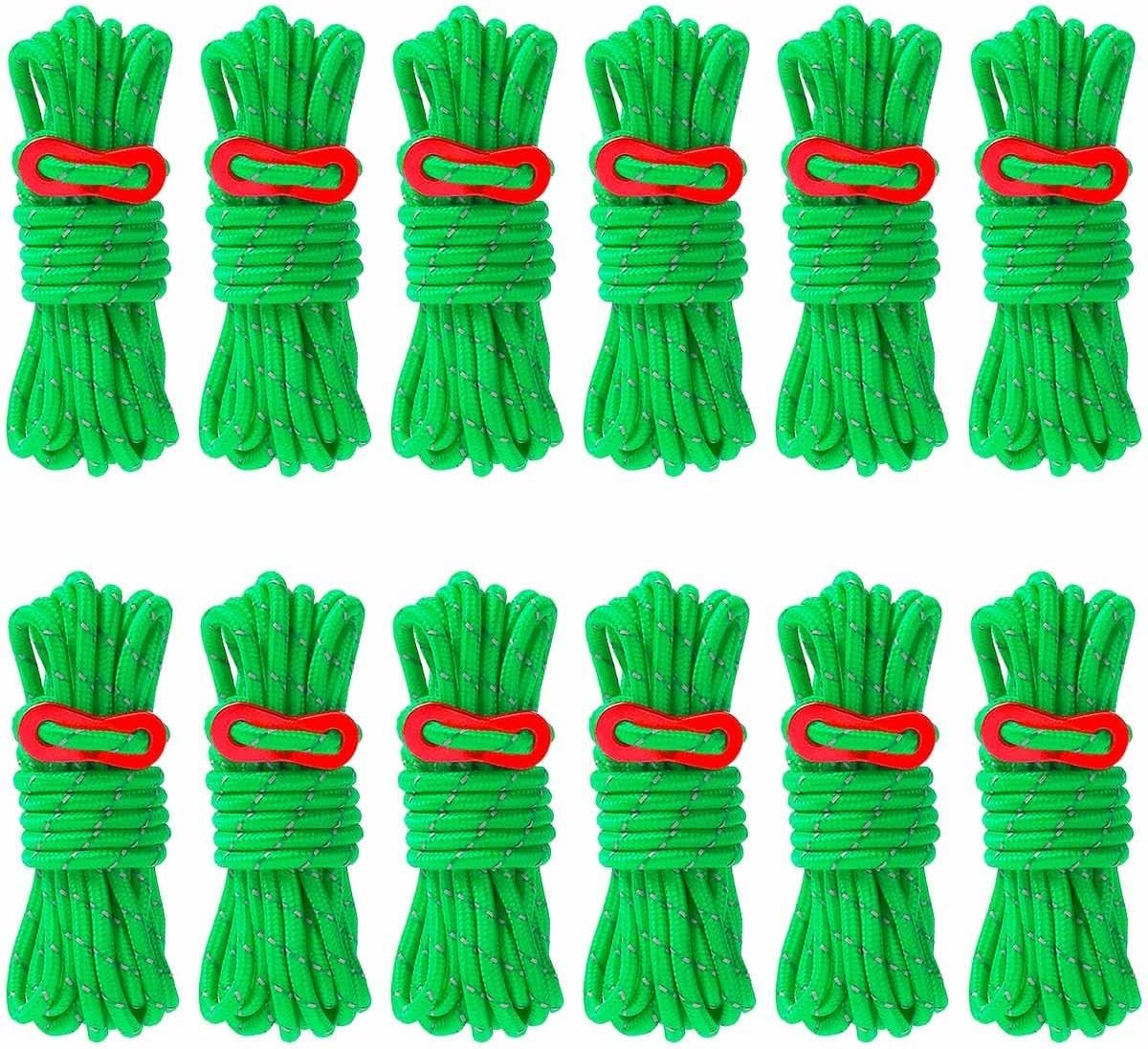 Camping Touw Set van 12 Stukken, Reflecterend Touw met Verstelbare Lengte voor Tent en Wandelen