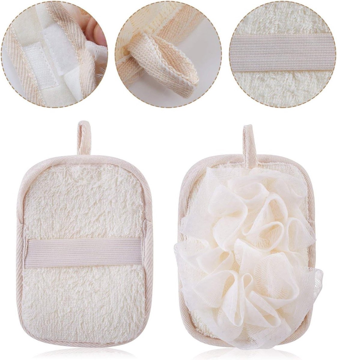 Badhandschoen voor vrouwen, loofah spons en scrubpad, 2-in-1, zacht exfoliërend met elastische handband, ideaal voor huidverzorging en ontspanning