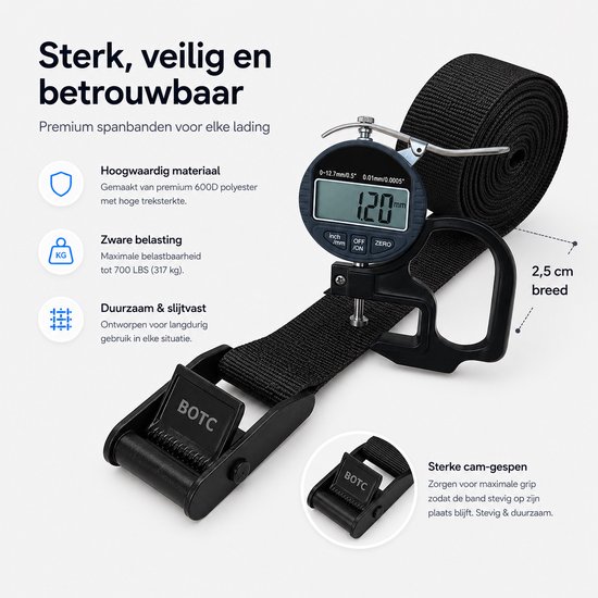 Zwarte spanband met metalen gesp en digitale meter die de belasting meet. De breedte van 2,5 cm is aangegeven.