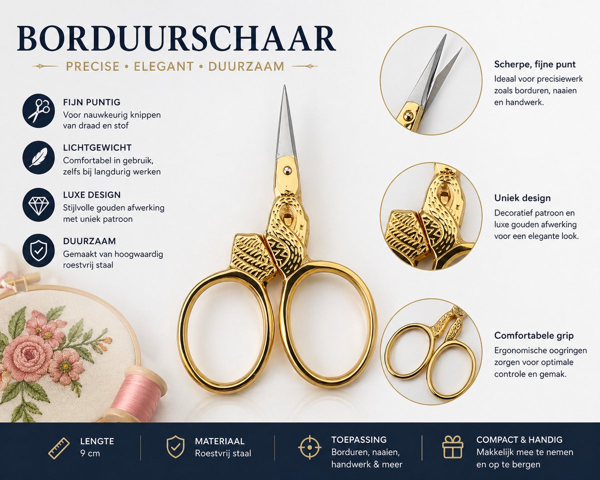 Belux Surgical Instruments / Borduurschaar Goud – 9 cm – Fijn Puntig – Precisieschaar voor Handwerk