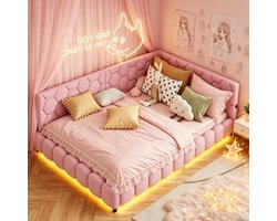 Kinderbed 140×200 cm met LED-verlichting en USB/Type-C, Slaapbank, Gestoffeerd L-vormig Tienerbed van Hoogwaardige Krulvilt, Roze Krullend, voor Meisjes en Tieners (Zonder Matras)