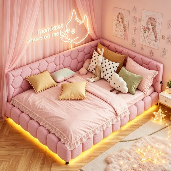 Lit enfant 140x200 cm avec éclairage LED et USB/Type-C, Canapé-lit, Lit adolescent rembourré en forme de L en feutre bouclé de haute qualité, Rose bouclé, pour filles et adolescents (sans matelas)
