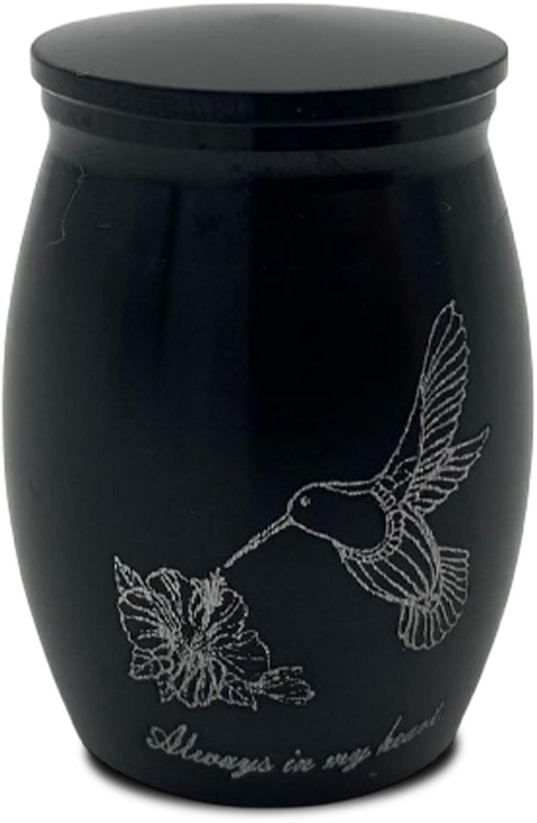 Akerz Mini Urn Kolibrie Zwart – Herinneringsurn met Kolibrie en Bloem – Aluminium – Schroefdeksel – Dierenas & Mensenas – 4 cm