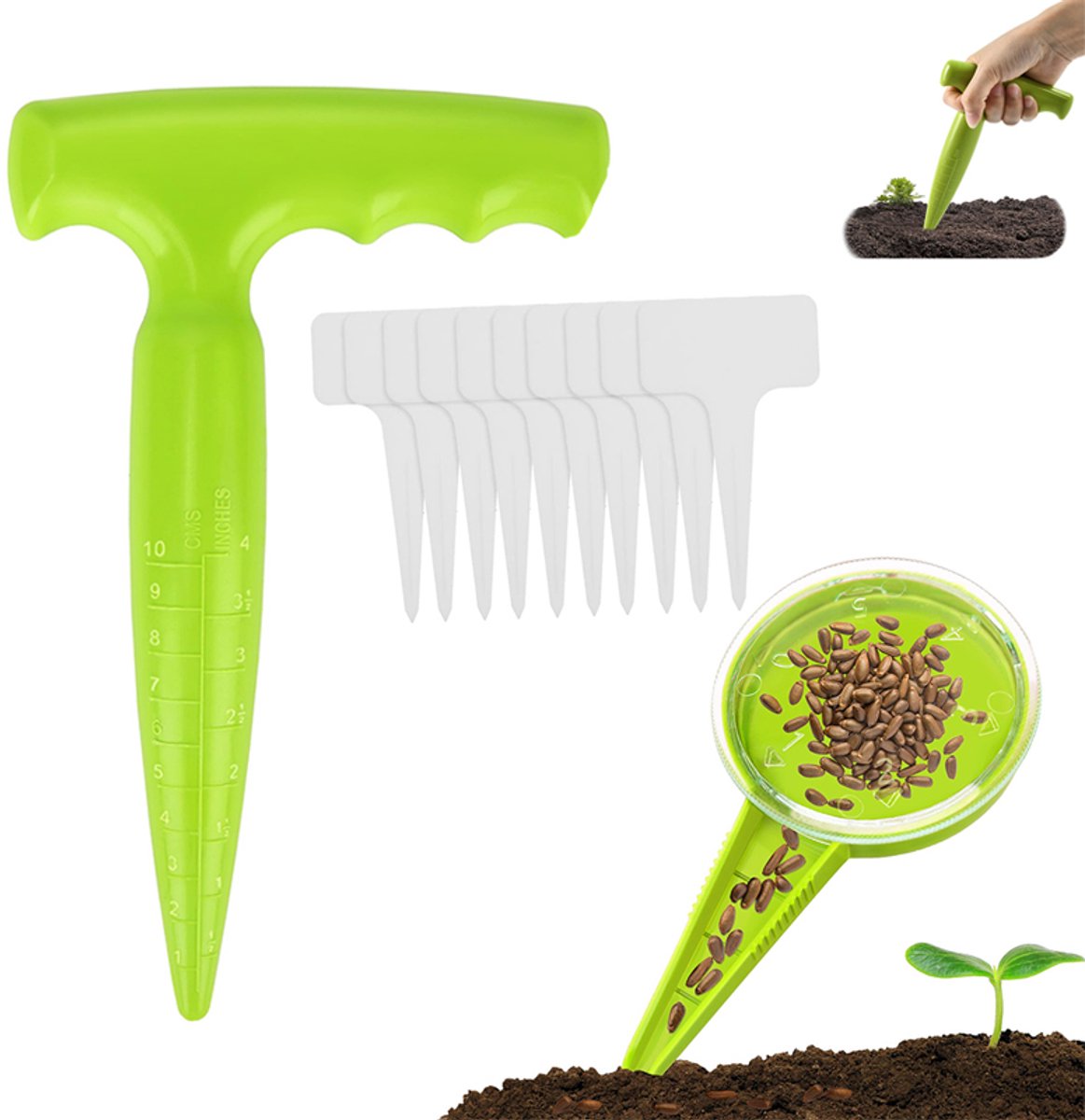 12 stuks - Handmatige zaaimachine - Bollenplanter - Zaaddispenser - Kunststof plantgereedschap - Gatenboor voor de tuin - Inclusief 10 etiketten - Plantgereedschap voor het planten van zaden en bollen, een must-have voor tuinliefhebbers - Groen