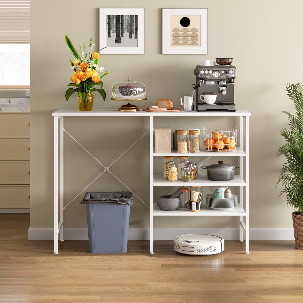 Pugsdrly multifunctionele opbergtafel, vrij combineerbare opbergtafel met wit metalen frame & wit blad, flexibel te monteren voor keuken, woonkamer, kelder & garage, 120x40x85,5 cm