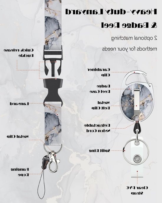 Marmerpatroon Zakkenhouder met Retractable Badge Reel en Afneembare Lanyard voor Kantoor en Onderwijs — afbeelding 3