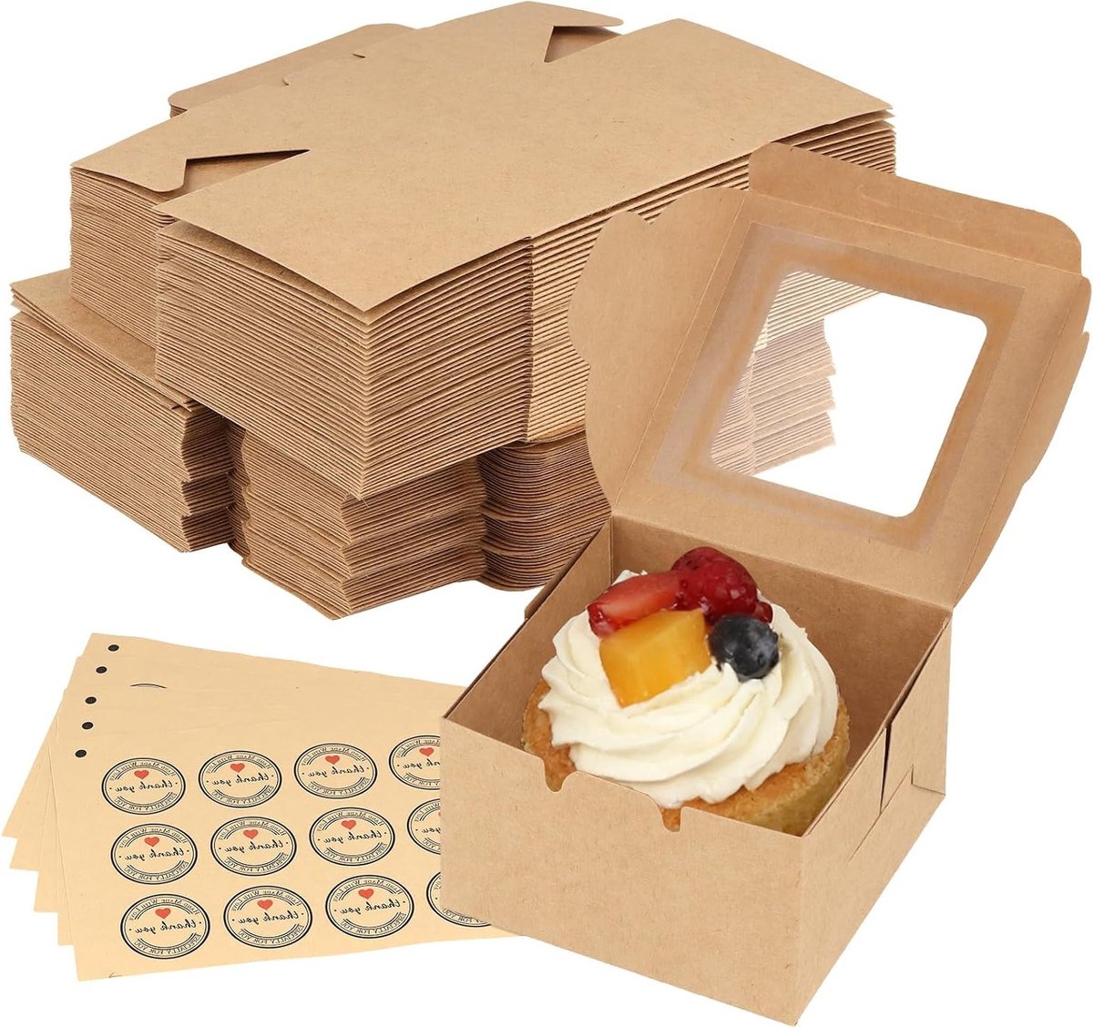 50 Stuks Kraft Cake Dozen met Doorzichtig Venster en 60 Stickers - Verpakking voor Cupcakes, Taarten, Desserts en Koekjes 10x10x6.4CM