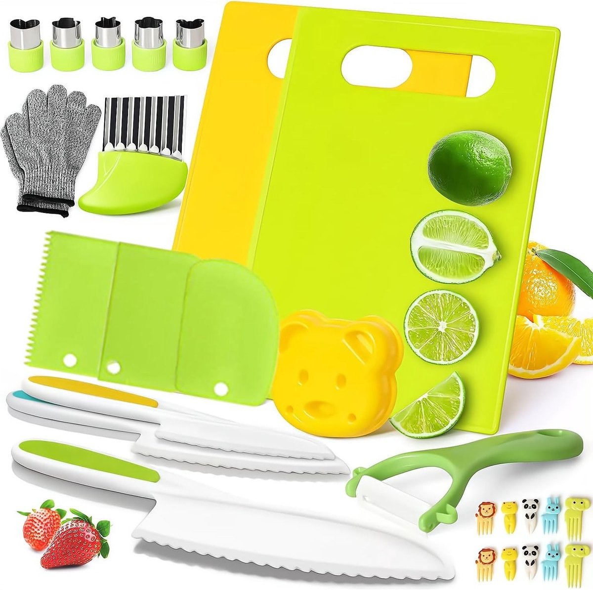 Complete Kookset voor Kinderen van 28 Stukken, Veilig Kindermes met Zacht Snijvlak, Snijplank en Keukengerei voor het Snijden van Fruit en Groenten, Educatieve Kookervaring voor Kinderen vanaf 2 Jaar
