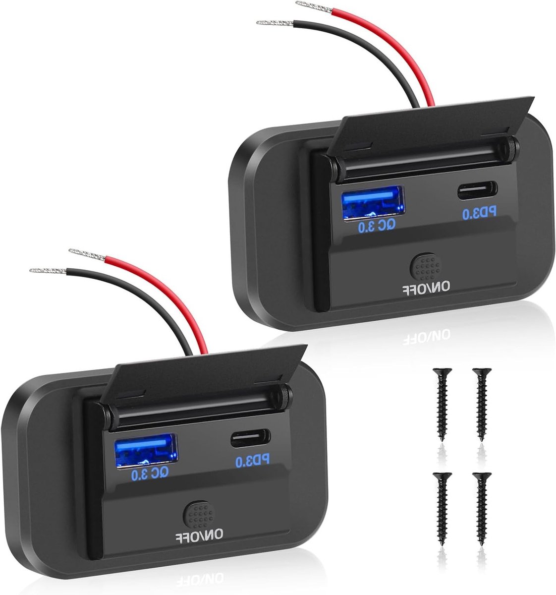 Dual USB C Oplaadpunt 12V Auto Lader 36W QC3.0 en 55W PD Type C Snelladen Waterproof met Schakelaar voor Auto, Boot en Camper