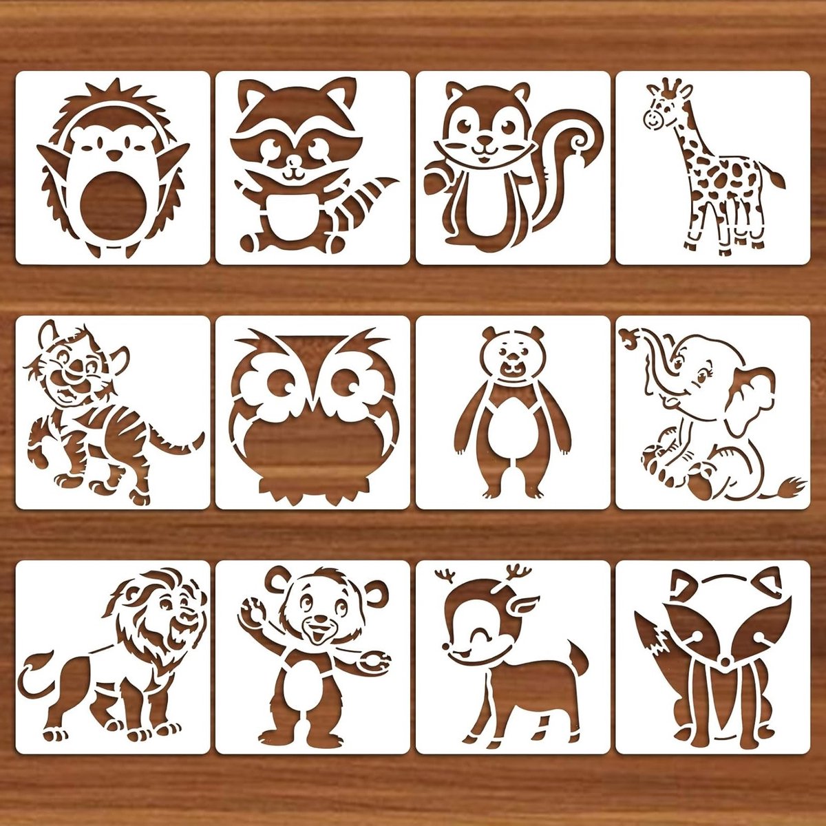 12 Stuks Dieren Sjablonen voor Kinderen - Schattige Dieren Sjablonen voor Textielontwerp - Wasbare Plastic Verf Sjablonen voor DIY Kleding en Rugzakken 13x13cm