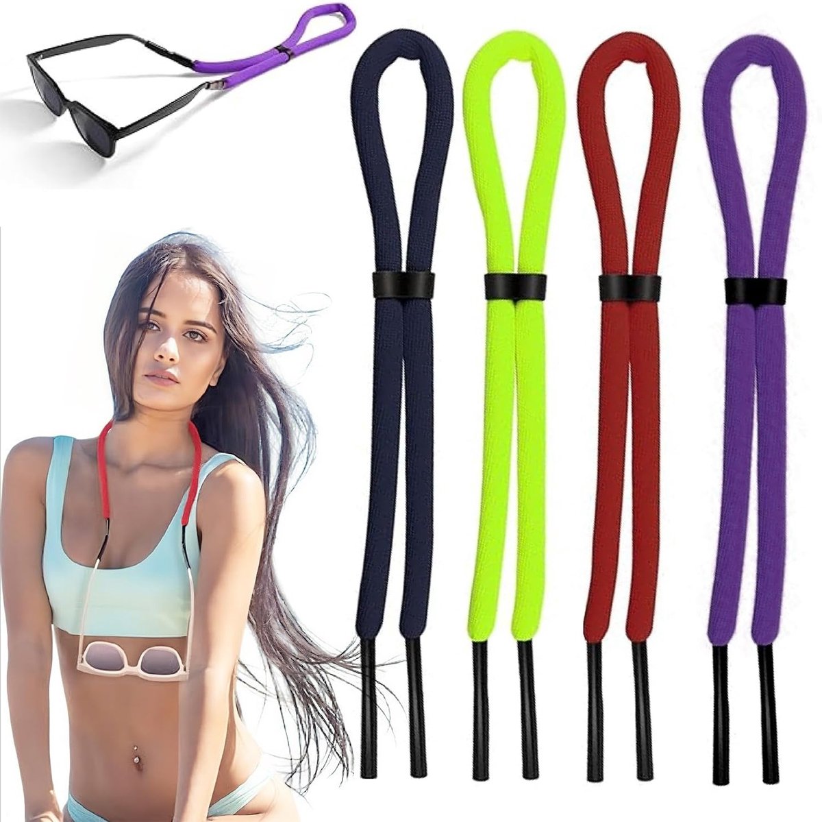 Set van 4 premium zwembandjes voor sportbrillen, verstelbaar en waterdicht, ideaal voor watersporten, surfen en varen, met een veilige grip voor zowel mannen als vrouwen, verkrijgbaar in 4 kleuren