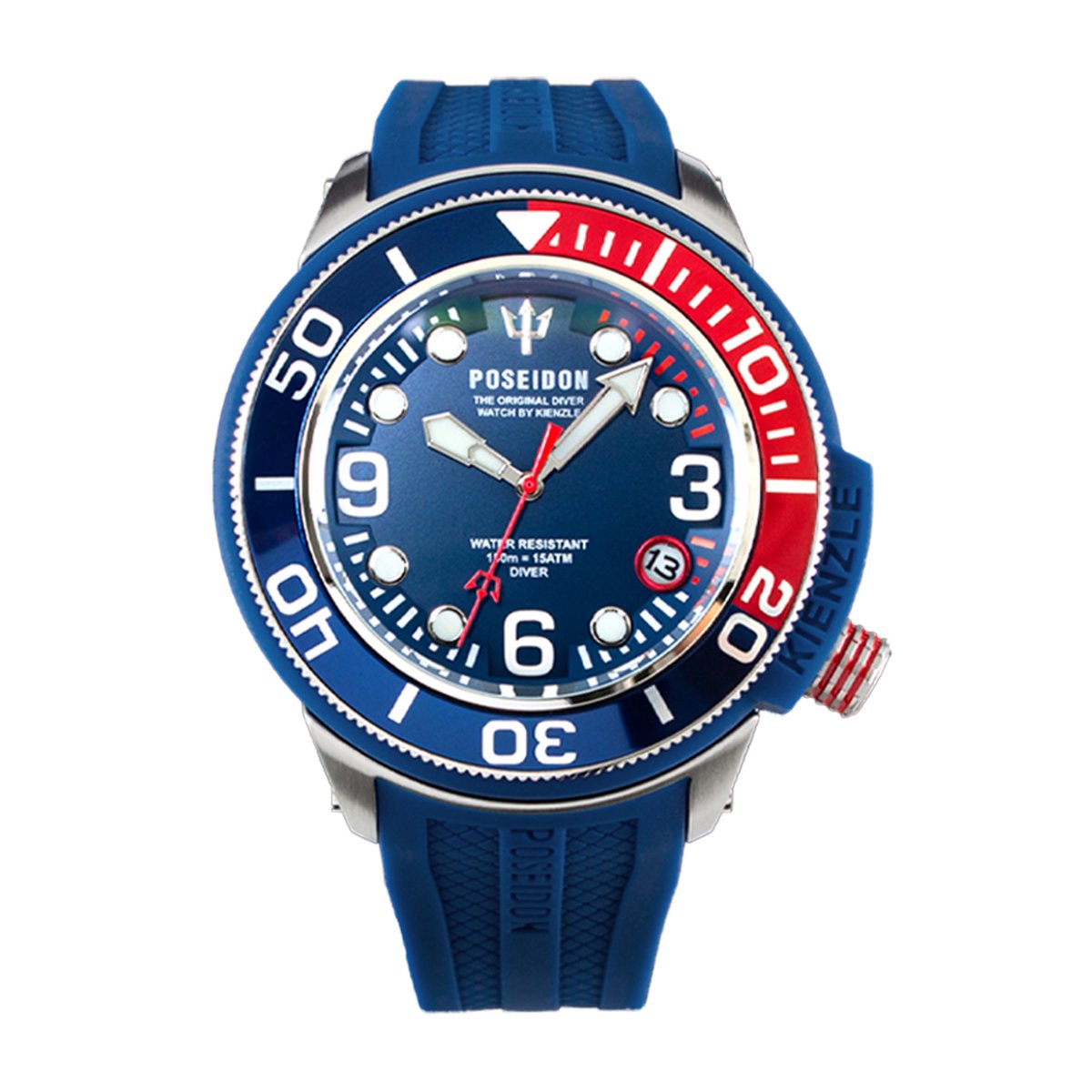 KIENZLE Horloge - Poseidon24 - Quarz UP704 - Waterdicht tot 15 ATM - Wijzerplaat en Polsband Staalblauw met Rode Accenten