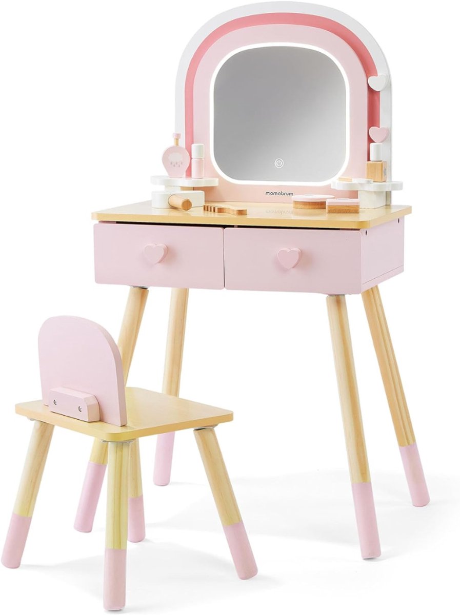 HEZIVO® Kaptafel Kinderen - Make Up Tafel - Met LED Spiegel - Hout - Roze