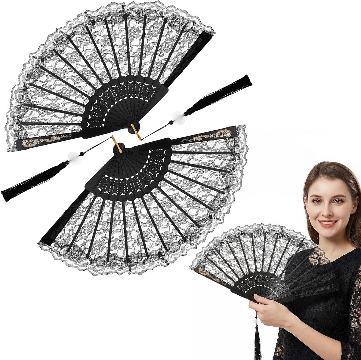 Set van 2 Vouwfans in Zwart met Bloemborduurwerk en Glittertassels voor 1920s Kostuum en Feestaccessoires