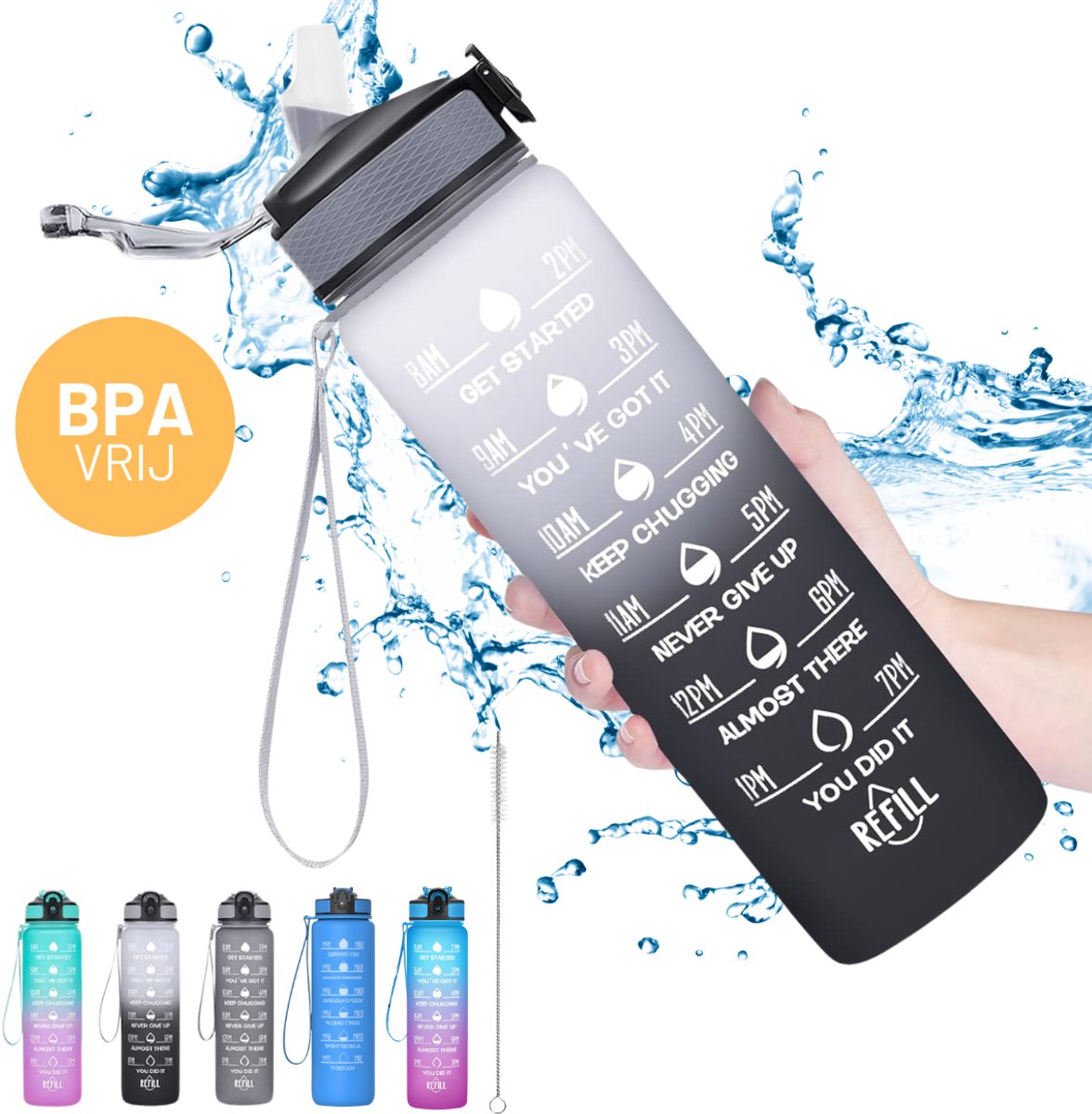 CoolFule Waterfles met Rietje - 1 Liter - Lekvrij - BPA Vrij - Zwart-Wit - Drinkfles voor Volwassenen en Kinderen