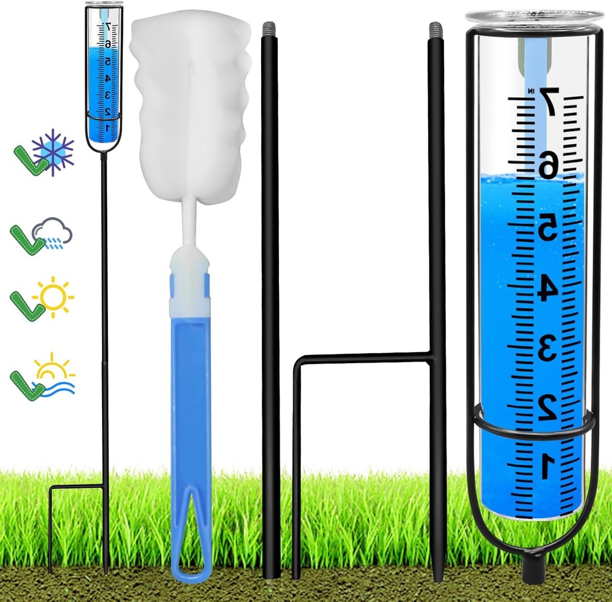 Verstelbare Glazen Regenmeter voor Buiten, Vorstbestendige Watermeter met Pole en Reinigingsborstel, Ideaal voor Tuin en Gazon Decoratie