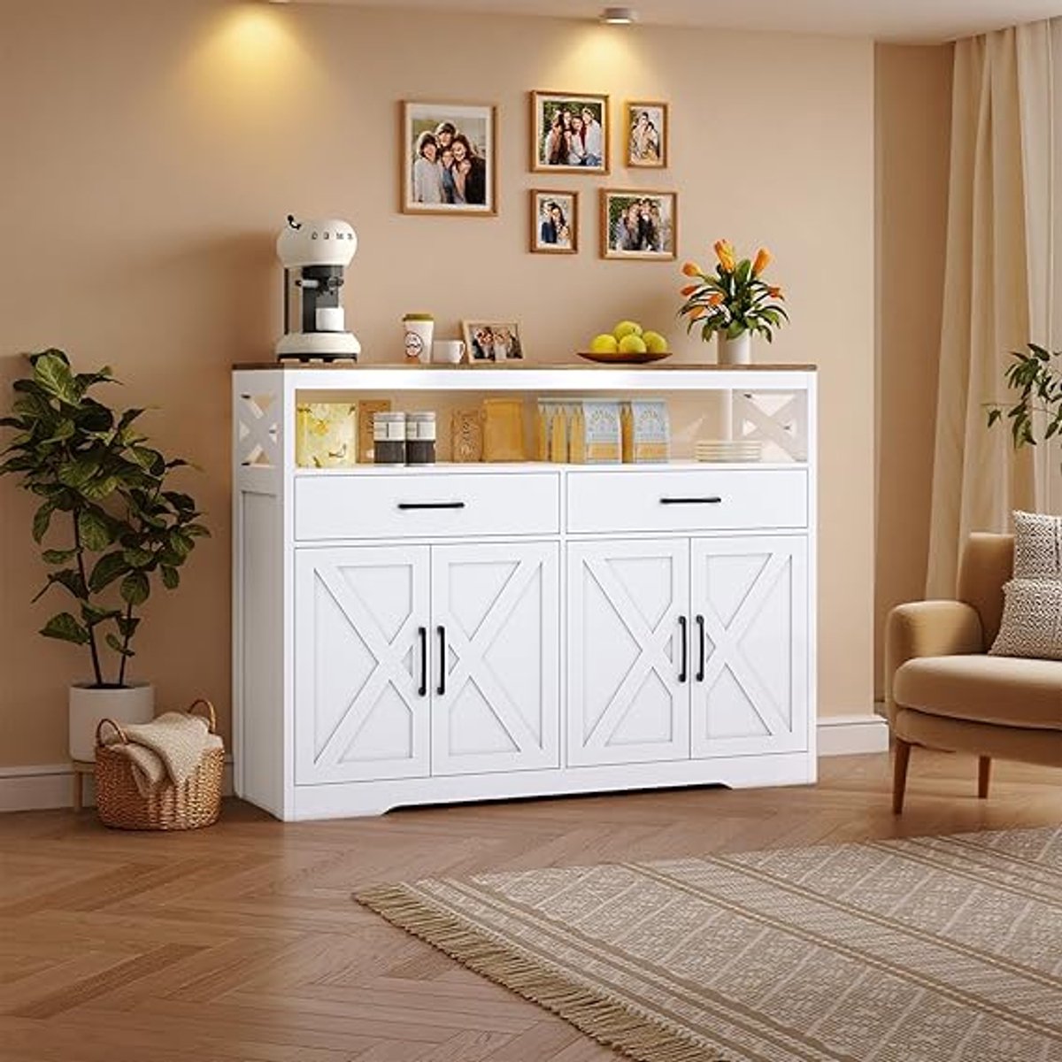 ScandiLux 4-Deurs Dressoir met 2 Lades en Verstelbare Planken (140 x 40 x 105 cm) – Modern Scandinavisch Opbergmeubel voor Woonkamer, Eetkamer en Keuken – Wit