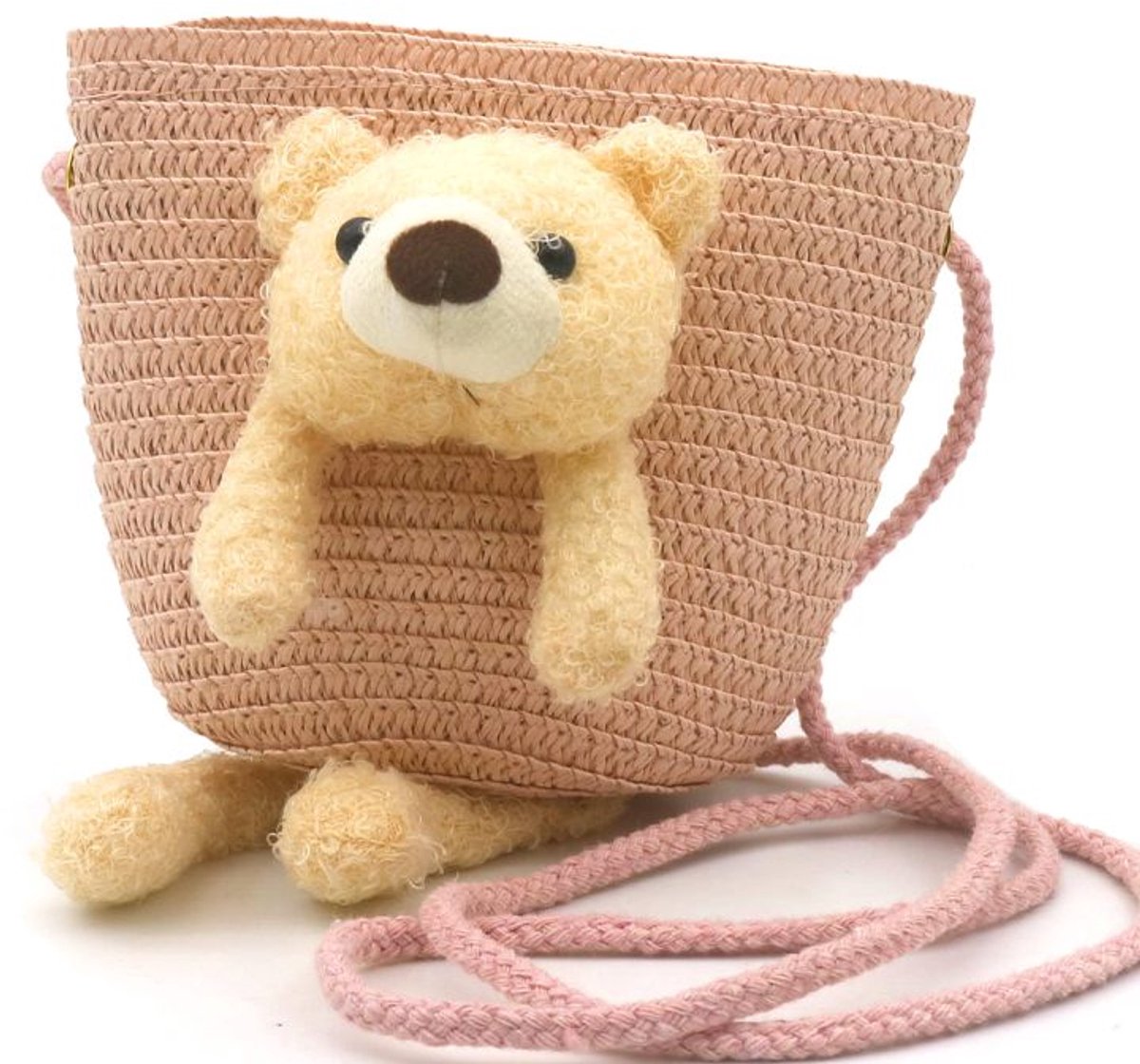 She life style - Gevlochten Kinderentas - Beer - 12,5 x 14,5 x 5,5cm - Roze