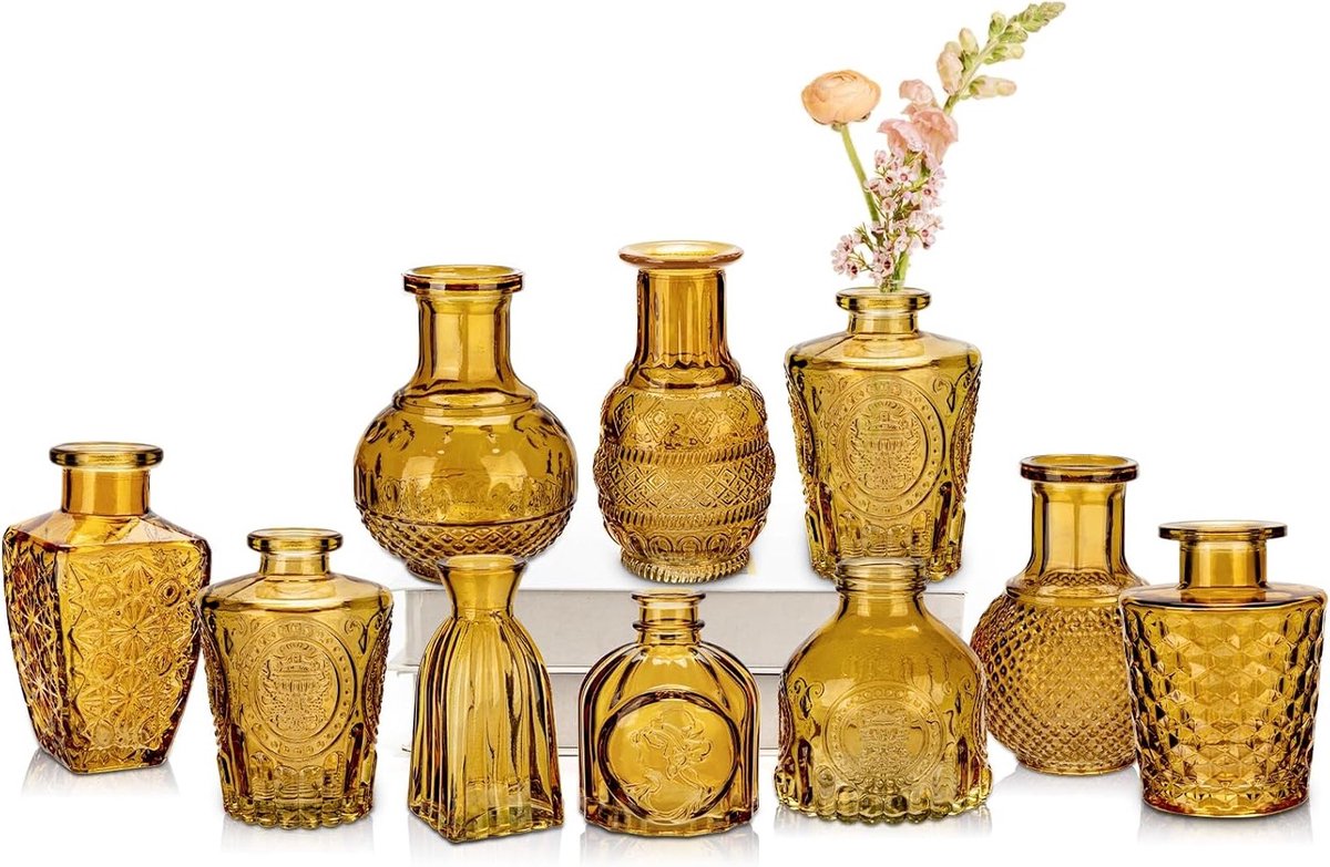 Set van 10 Kleine Glazen Vazen, Vintage Decoratieve Vazen voor Tafelversiering, Centerpieces en Bruiloftdecoratie, Perfect voor Woonkamer en Badkamer, Moederdag Cadeau
