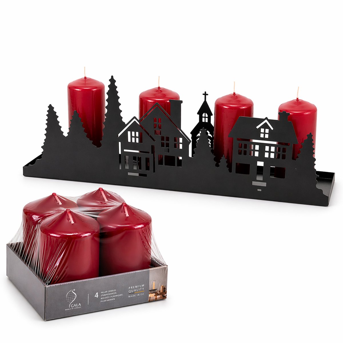 Plateau Kaarsenhouder Kerst Zwart incl. 4 Bordeauxrode Stompkaarsen – Metalen Kerstdecoratie met Dorpssilhouet – 40 x 9 x 14 cm