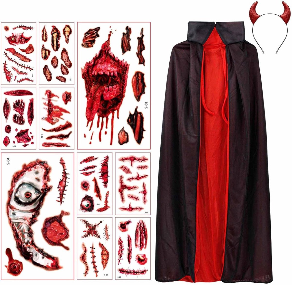 Dubbelzijdige Halloween Cape 90 cm Lang met Duivels Hoorns en 10 Schade Tattoo Stickers voor Vampier Cosplay Kostuum