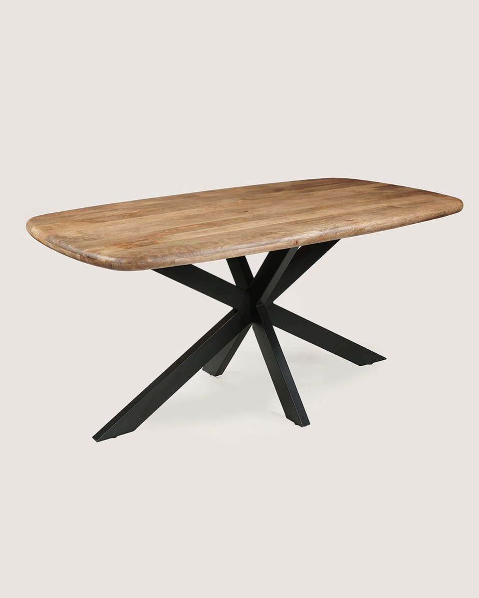 Deens Ovale Eettafel 220 cm Mangohout – Bruin – Zwart Metalen Matrix Onderstel – Landelijk – 8-10 Personen