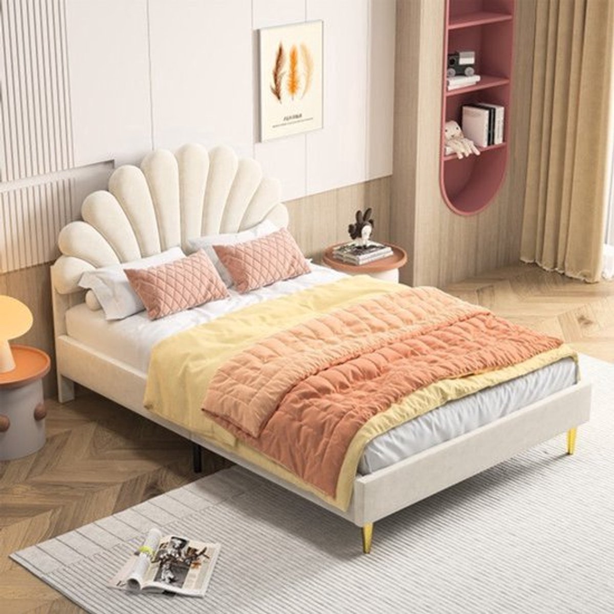 Bed 140 x 200 cm – Fluwelen Bed – Gestoffeerd Bed – Slaapbed – Tweepersoonsbed – Beige Kle