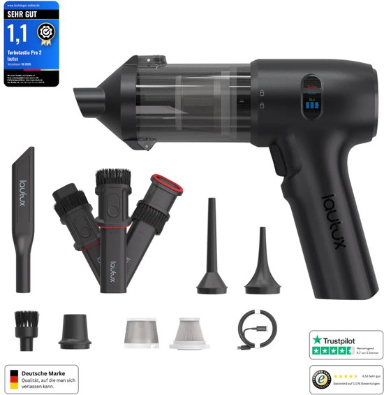 Lautux - Turbotastic Pro 2 - 4 in 1 Zwart Handstofzuiger -Auto stofzuiger- 120 W - 18.000 Pa - tot 60 minuten gebruiksduur - HEPA-filter - LED-display - 4 in 1 opzetstukken-Starter Set- (auto, dierenharen, opblazen, leegzuigen/vacuüm) (parelwit)
