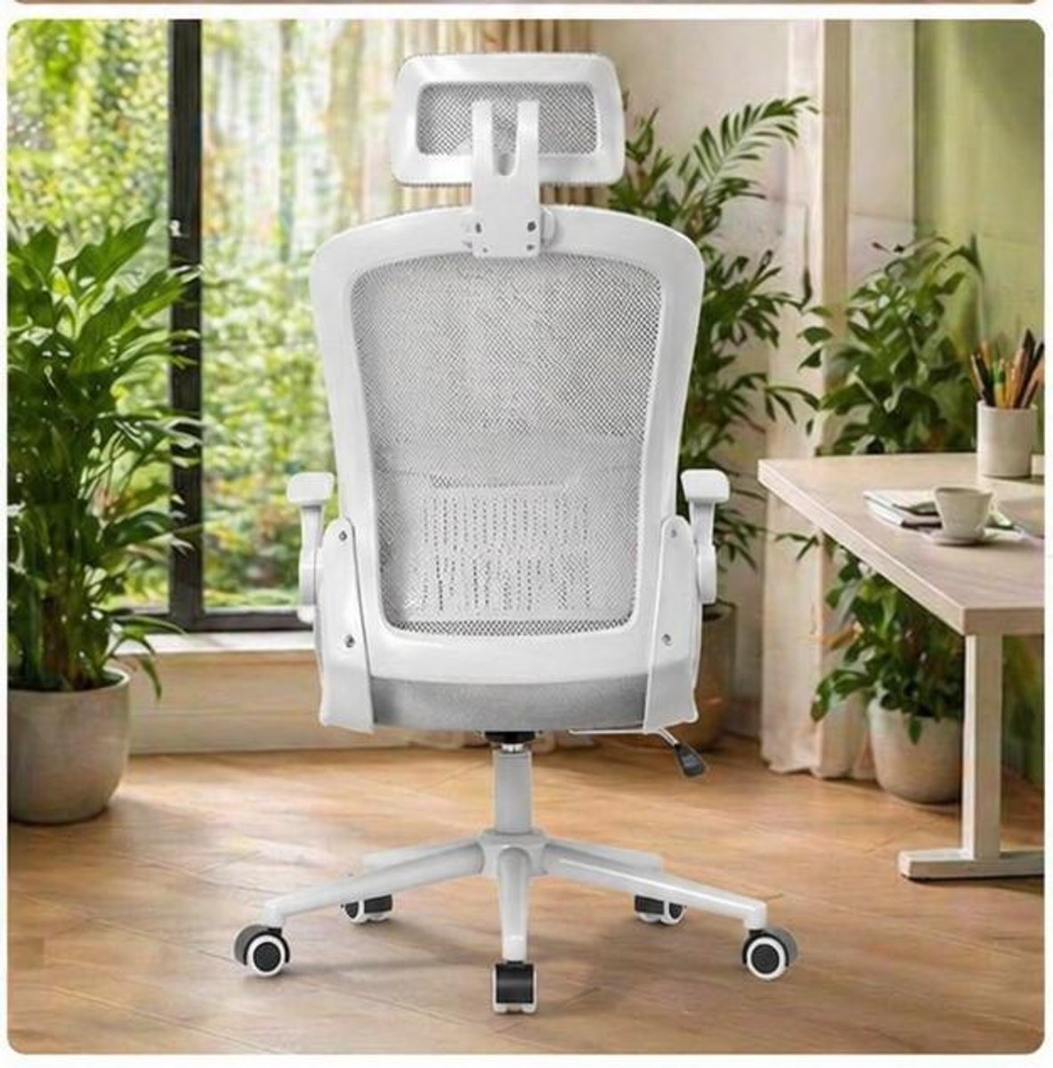 Ergonomische Bureaustoel 120 x 60 x 64 cm – Verstelbare Hoofdsteun, Inklapbare Armleuningen, Ademende Mesh Rugleuning, Lendensteun, 360° Draaistoel & In Hoogte Verstelbaar – Grijs – Vermissen