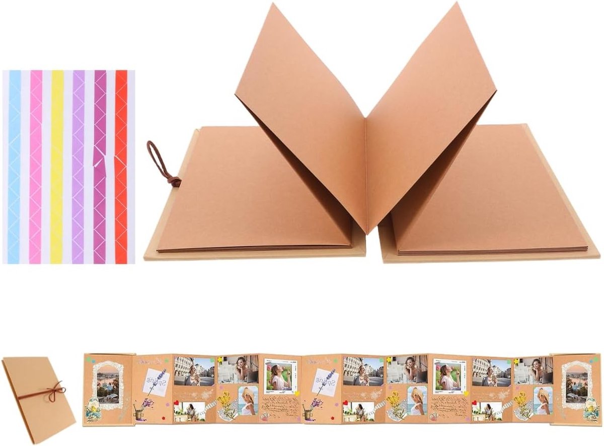 Fotoalbum van kraftpapier in hardcover met 36 lege pagina's, zelfgemaakt accordeon vouwalbum met band, vintage scrapbook voor bruiloften, afstuderen en verjaardagen, creatief herinneringen bewaren