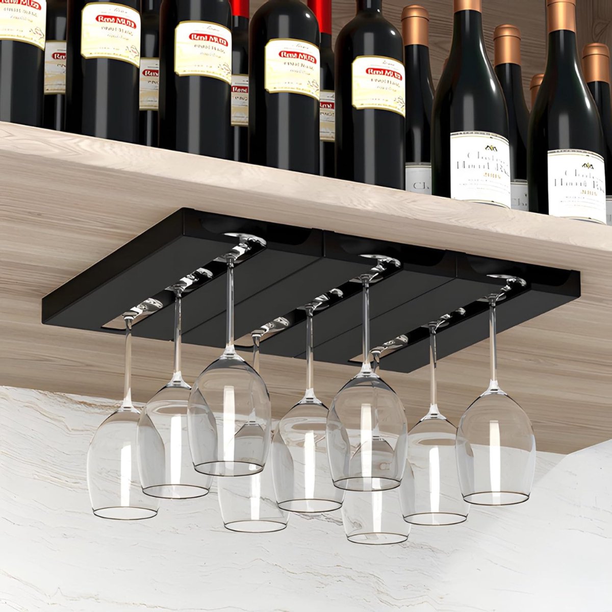 RUX® Ophangrek Wijnglazen - Wijnglazenhouder – Metalen Wijnglazenrek – Glazenrek Met 3 rijen - Wijnglashouder – Organizer - Stijlvol – Bar, Keuken & Cafe - Hangend - Zwart - 26cm x 11cm x 2cm