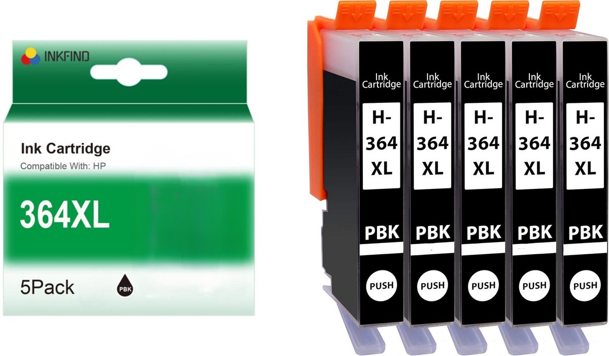 INKFIND 364XL PBK CB322EE inkt cartridge van 5 stuks (PBK foto Zwart x 5) Geschikt voor HP364 HP 364XLPBK HP364XLPBK CB322EE (Niet zwart cartridge, alleen geschikt voor 5-kleurenprinters) - 5 Pack Photo Black