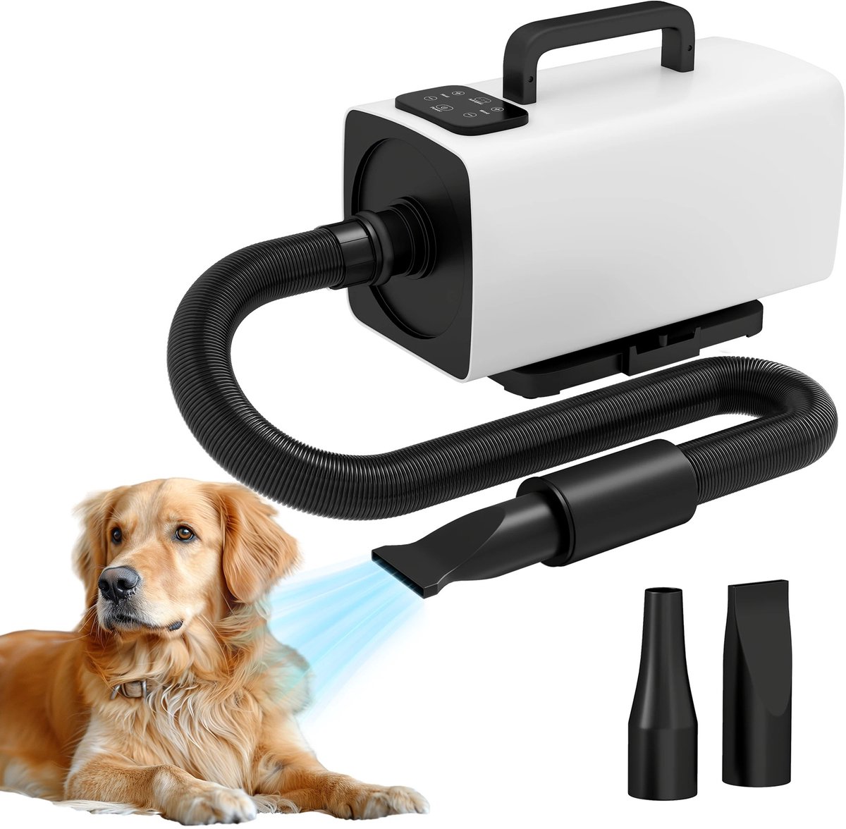 Roossentials hondenföhn - Hondendroger - Waterblazer hond - Met digitaal display, instelbare snelheid en temperatuur- 3 spuitmonden - Wit