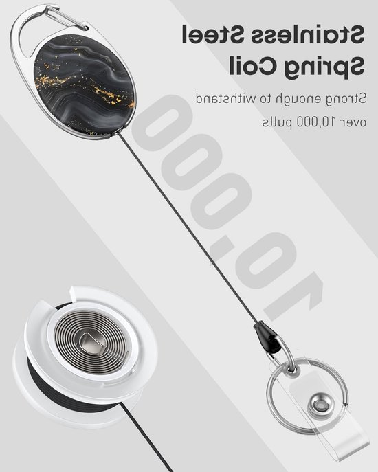 Schattige Retractable Sleutelhanger met Zwart Marmer Design, Stevige Badge Reel voor Sleutels en ID Kaarten, Inclusief Carabiner en Badge Clip — afbeelding 2