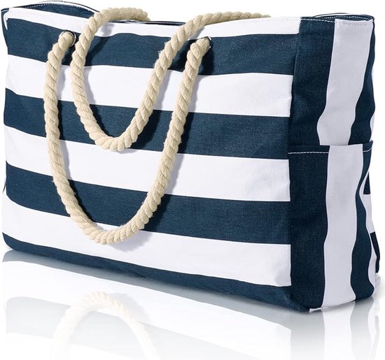 Sander Shop Strandtas, strepen, tote bag, badtas, waterdicht, strandtas, groot, met ritssluiting, shopper, tas, strandtas, XXL, familie, boodschappentas, schoudertas, universiteit, reistas, reistas（donkerblauw）