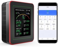 Professionele 15-in-1 luchtkwaliteitsmeter met smartphone-app – sensoren voor het meten van CO₂, PM2,5/PM10, HCHO en TVOC | realtime waarschuwingen en aanpasbare drempelwaarden – zwart
